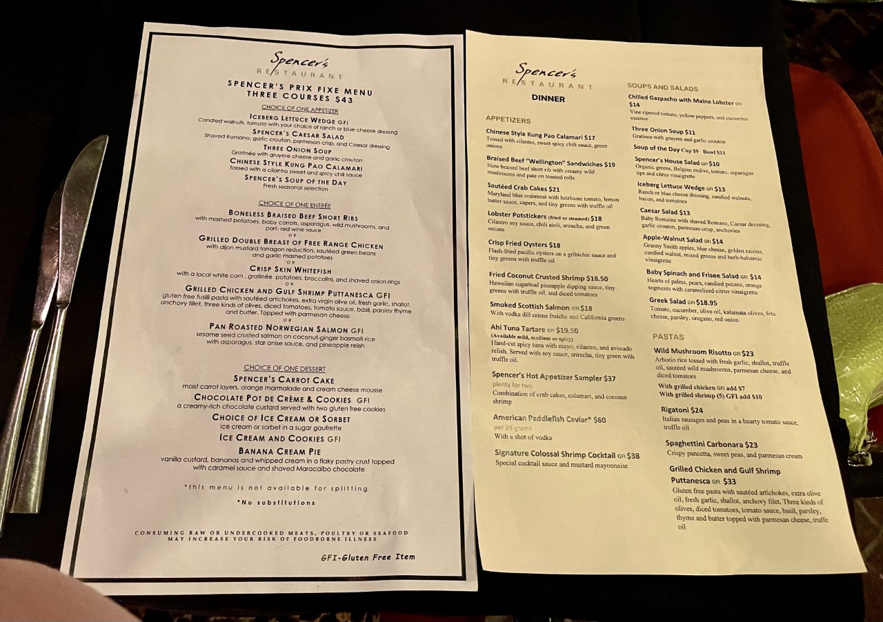 Spencer's Restaurant Palm Springs Menu