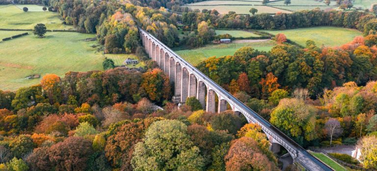 Pontcysyllte Aqueduct aerial view at autumnal morning in Wales, UK