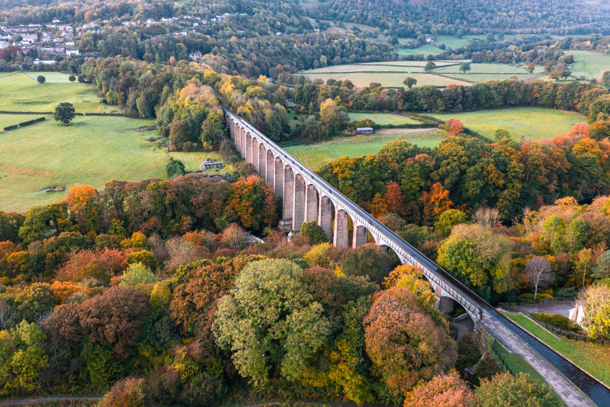 Pontcysyllte Aqueduct aerial view at autumnal morning in Wales, UK