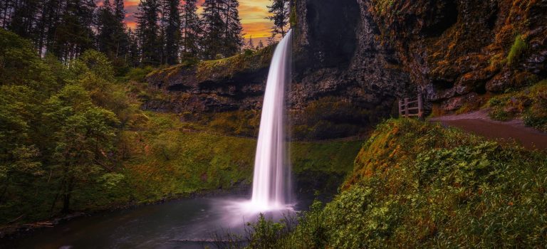 Sunset over South Falls in Silver Falls State Park, Oregon.