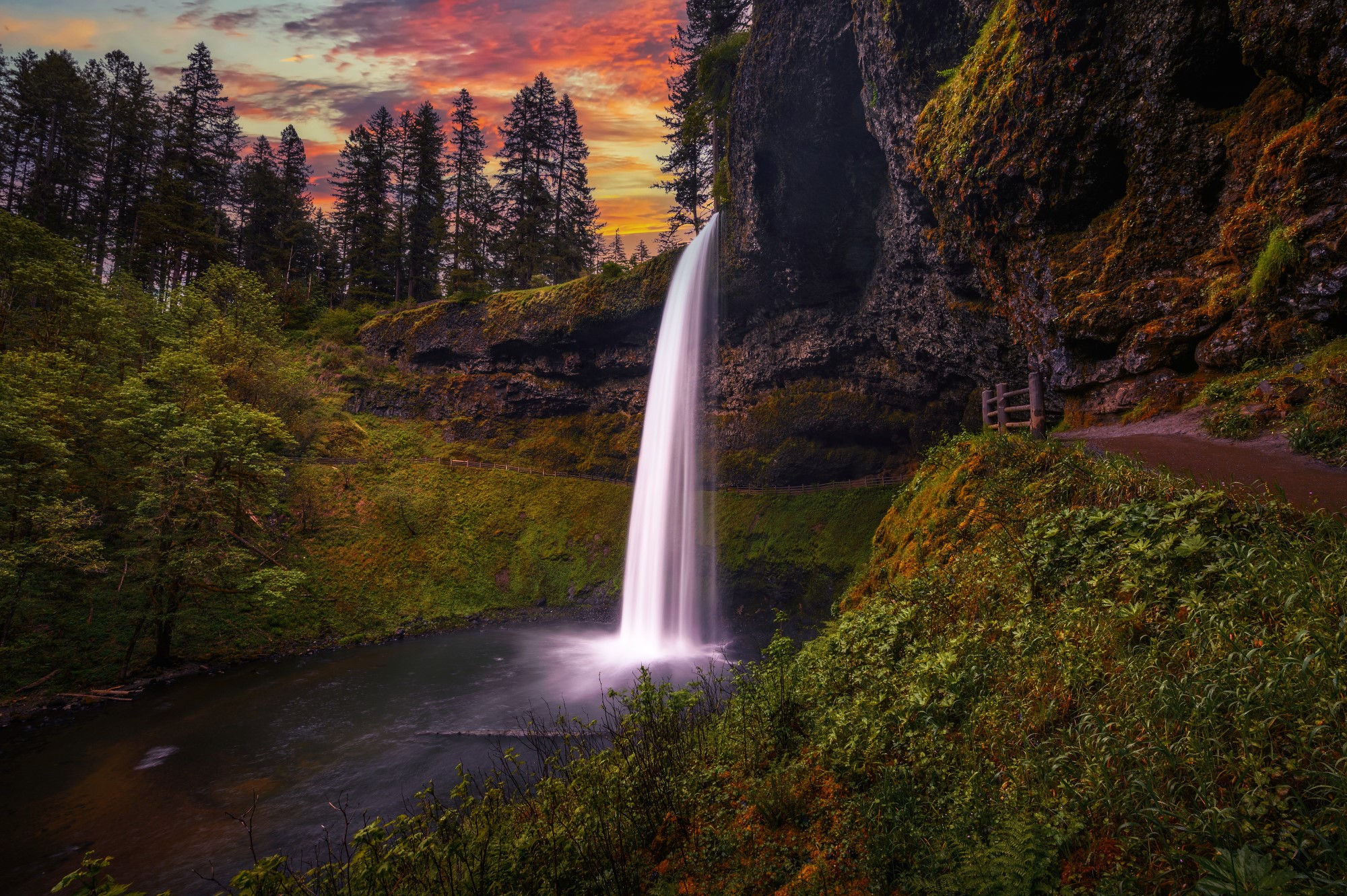 Sunset over South Falls in Silver Falls State Park, Oregon.